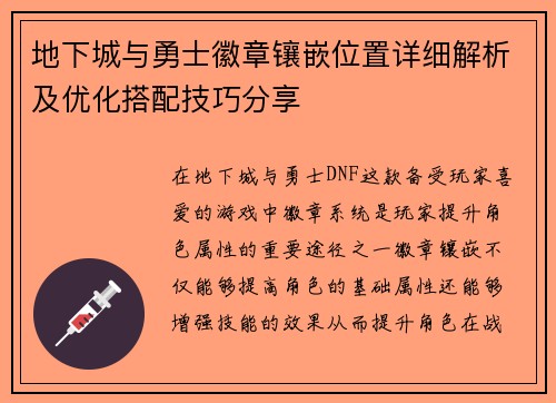 地下城与勇士徽章镶嵌位置详细解析及优化搭配技巧分享